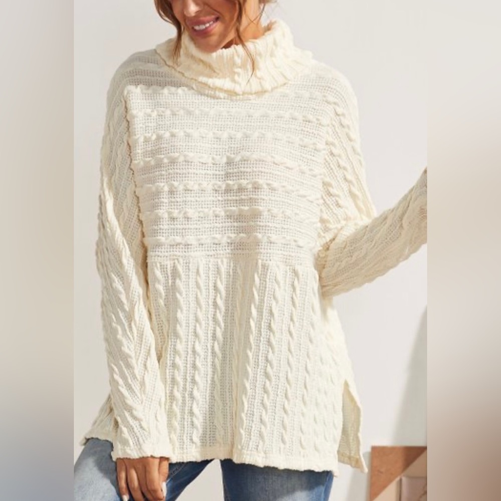 SIMPLE by SUZANNE BETRO | Ivory Cable Knit Turtleneck Sweater (Size: Small)